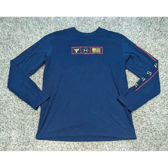 Under Armour Project Rock Long Sleeve T Shirt Large Blue Mens USA Flag Military - Picture 1 of 6
